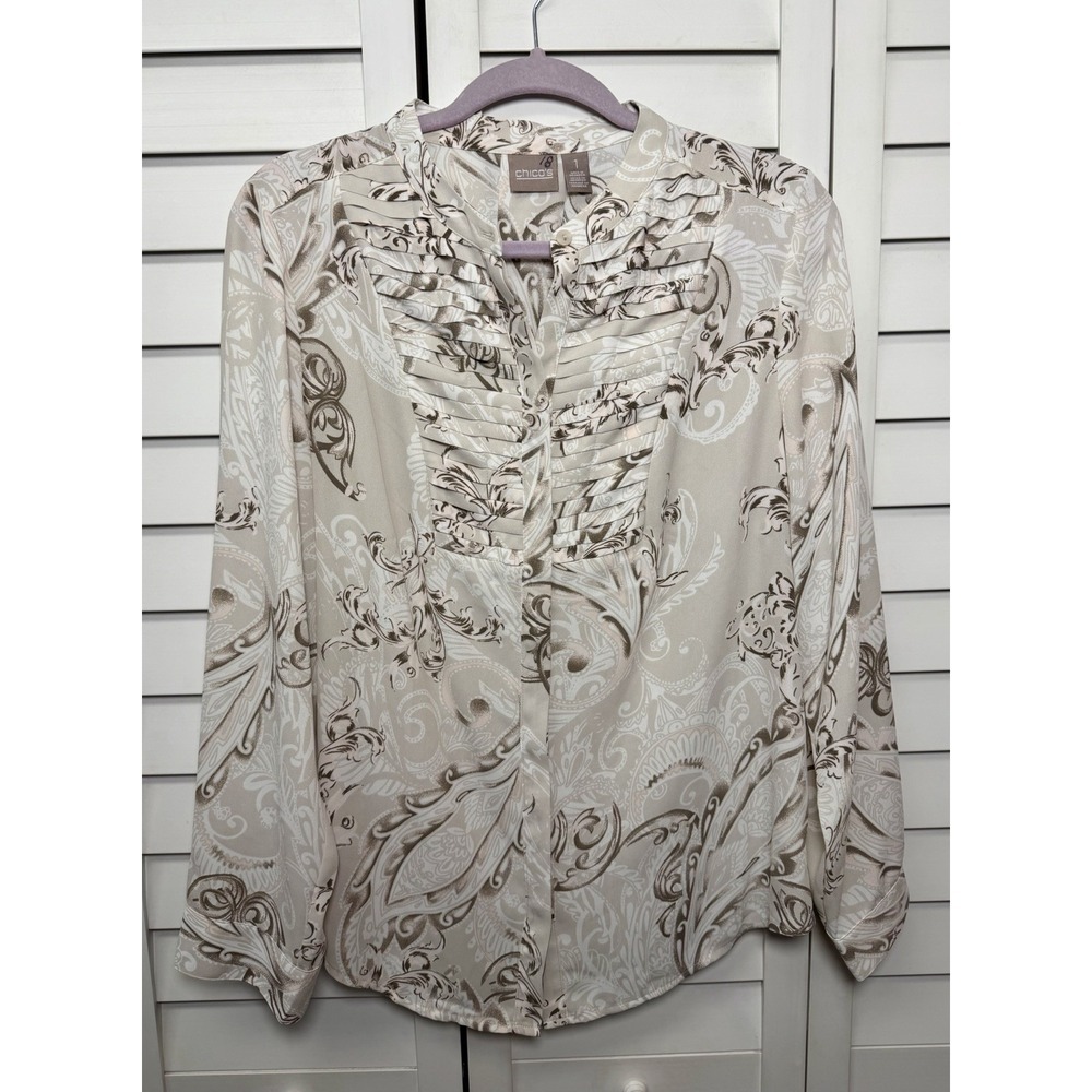 Chico's Paisley Long Sleeve Pleated Detail Button Down Top Women's Size Medium